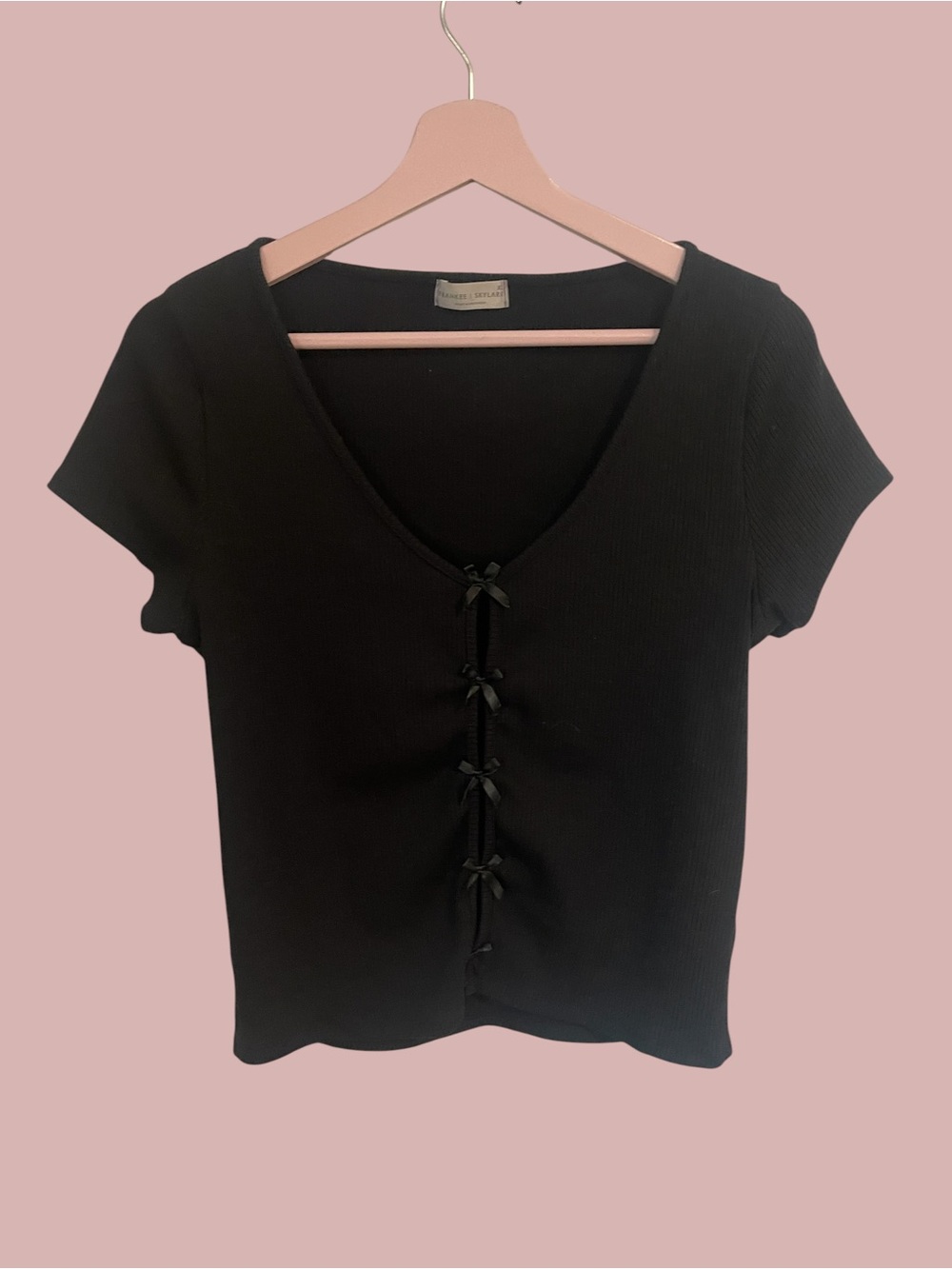 Frankee & Skylar Black Ribbed Bow Front Top Coquette Size XL Whimsygoth Feminine